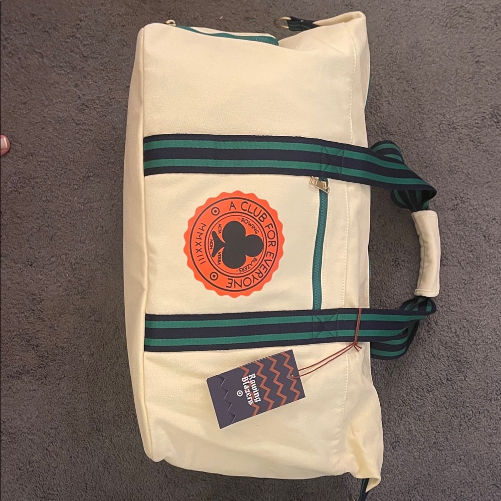 Rowing Blazers Cream Tote/Green and Blue Straps/Notre Dame inspired weekender